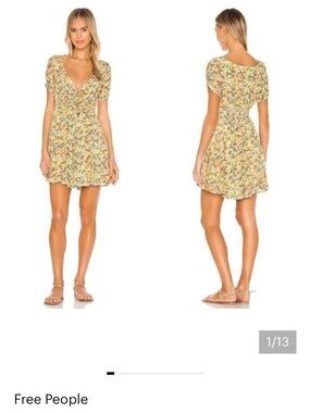 Free People Yellow Floral V-Neck Mini Dress